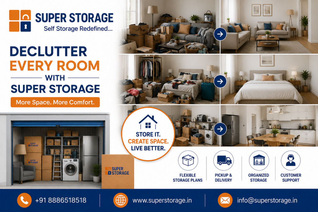 An informational marketing banner showing three before-and-after room transformation comparisons (living room, bedroom, and kitchen/utility area) alongside an open self-storage unit containing furniture, appliances, and stacked branded boxes.