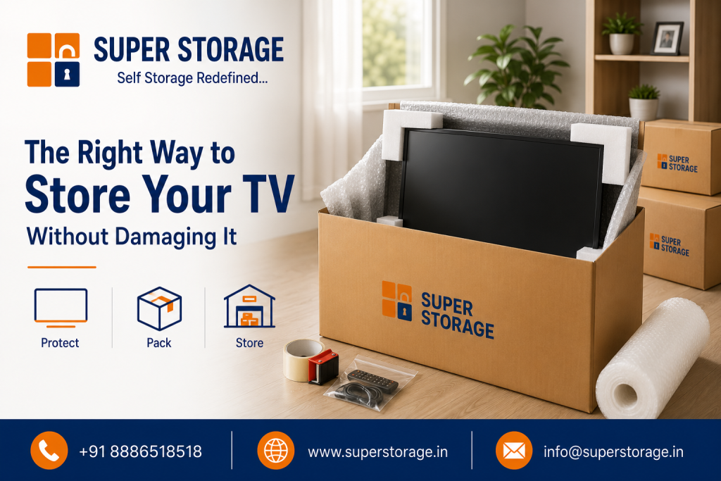A promotional graphic for Super Storage titled "The Right Way to Store Your TV Without Damaging It." The image shows a flat-screen television carefully packaged inside a cardboard box with foam corner protectors and bubble wrap in a clean room, alongside packing supplies including tape, bubble wrap rolls, and a bagged TV remote, with contact details at the bottom.