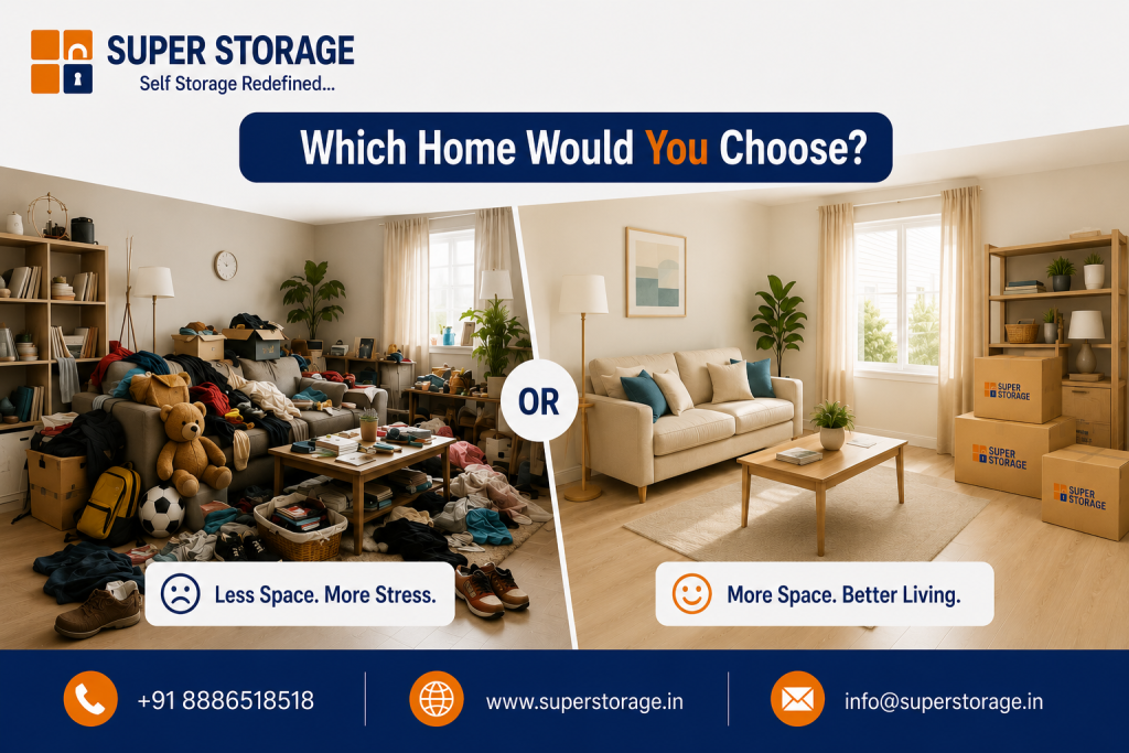 A side-by-side promotional comparison graphic for Super Storage asking "Which Home Would You Choose?", showing a cluttered, messy living room on the left labeled "Less Space. More Stress." versus a clean, organized, bright living room on the right labeled "More Space. Better Living." with neatly stacked Super Storage boxes and contact details at the bottom.