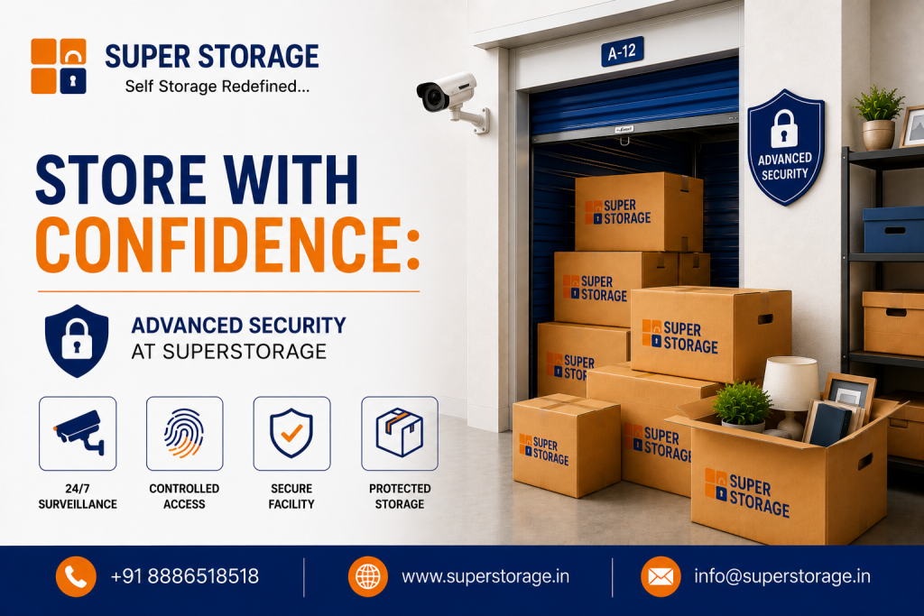 An informational marketing banner showing a modern facility security setup with a surveillance camera pointed toward an open storage locker labeled "A-12" packed with branded inventory boxes, alongside specialized security icons.