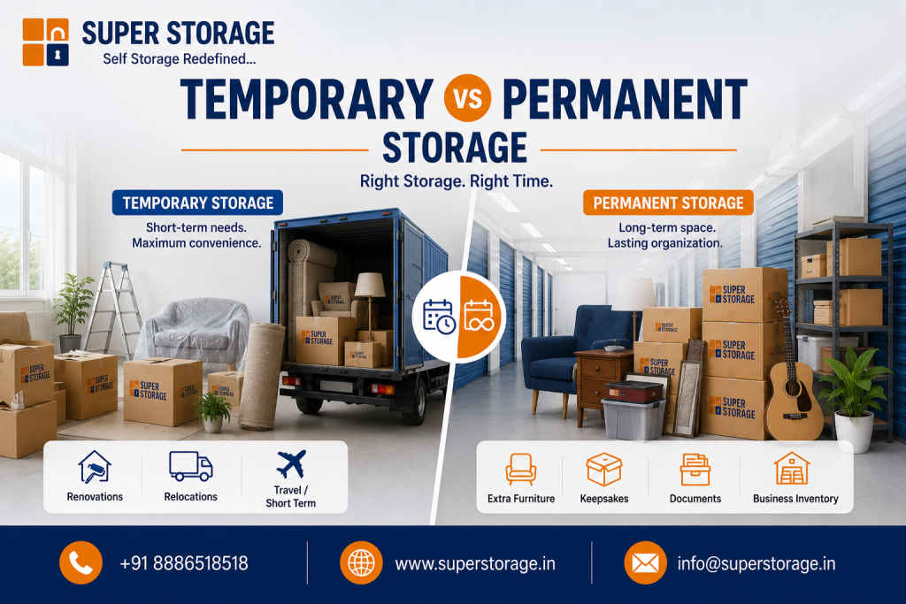 A split promotional banner for Super Storage comparing "Temporary vs Permanent Storage", showing a moving truck and packed room for temporary needs like renovations, relocations, and travel on the left, and a neatly organized long-term self-storage unit with furniture, guitars, and boxes for extra items, keepsakes, documents, and business inventory on the right, along with contact details at the bottom.
