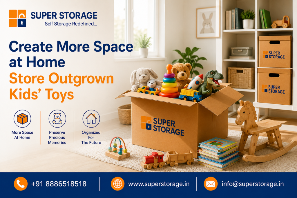 A promotional banner for Super Storage encouraging decluttering children's play areas, featuring an open cardboard Super Storage box filled with plush stuffed animals, stacking rings, and toy trucks in a brightly lit room next to a wooden rocking horse and stacked storybooks, accompanied by the headline "Create More Space at Home: Store Outgrown Kids' Toys", service icons for "More Space At Home", "Preserve Precious Memories", and "Organized For The Future", with contact details at the bottom.