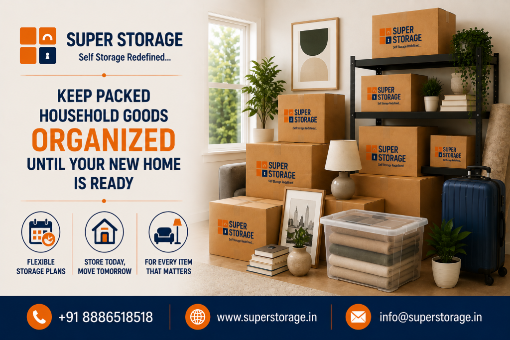 A promotional banner for Super Storage encouraging home movers, depicting a brightly lit room filled with neatly arranged Super Storage cardboard boxes on shelves and the floor, alongside a framed picture, table lamp, books, a clear plastic container filled with folded blankets, and a navy blue suitcase, accompanied by the headline "Keep Packed Household Goods Organized Until Your New Home Is Ready", service icons for "Flexible Storage Plans", "Store Today, Move Tomorrow", and "For Every Item That Matters", with contact details at the bottom.