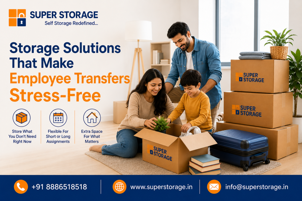 A promotional banner for Super Storage focusing on employee relocations, featuring a happy family—a man, woman, and young boy—packing household items into a Super Storage cardboard box together in a sunlit living room, surrounded by stacked storage boxes, a blue rolling suitcase, and service icons, with the headline "Storage Solutions That Make Employee Transfers Stress-Free" and contact details at the bottom.