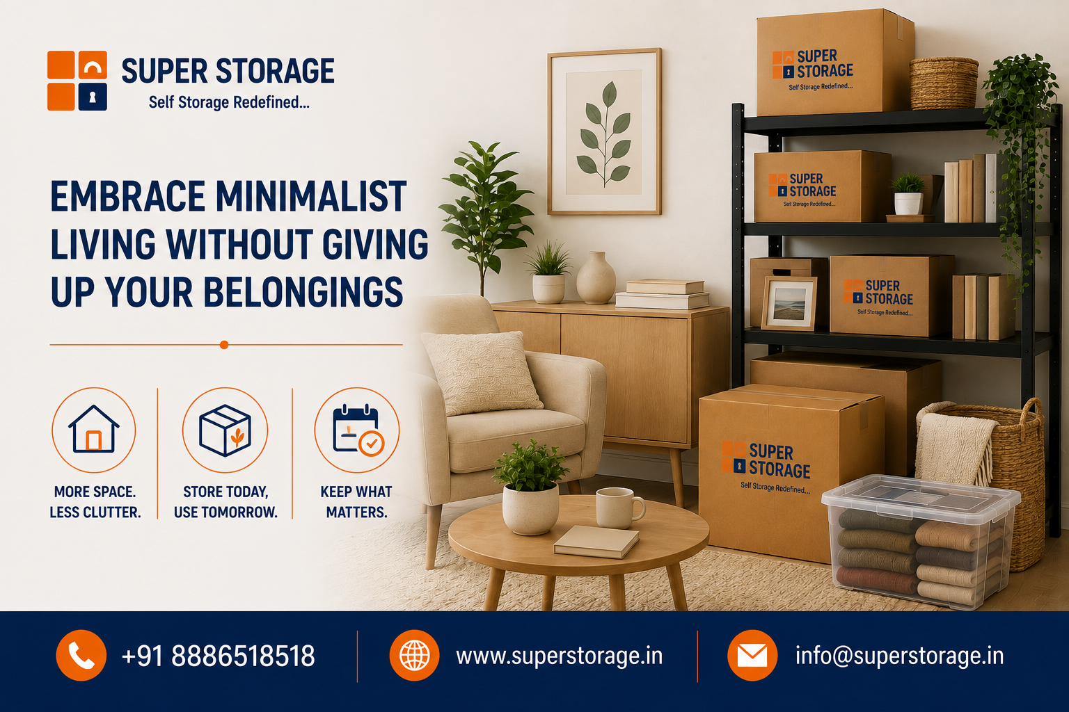 A promotional banner for Super Storage encouraging minimalist home design, featuring a stylish, neutral-toned living room with a cream armchair, wooden coffee table, cabinet, and framed leaf wall art alongside stacked Super Storage cardboard boxes, a clear plastic container of folded blankets, a woven basket, and metal shelving, accompanied by the headline "Embrace Minimalist Living Without Giving Up Your Belongings", service icons for "More Space. Less Clutter.", "Store Today, Use Tomorrow.", and "Keep What Matters.", with contact details at the bottom.