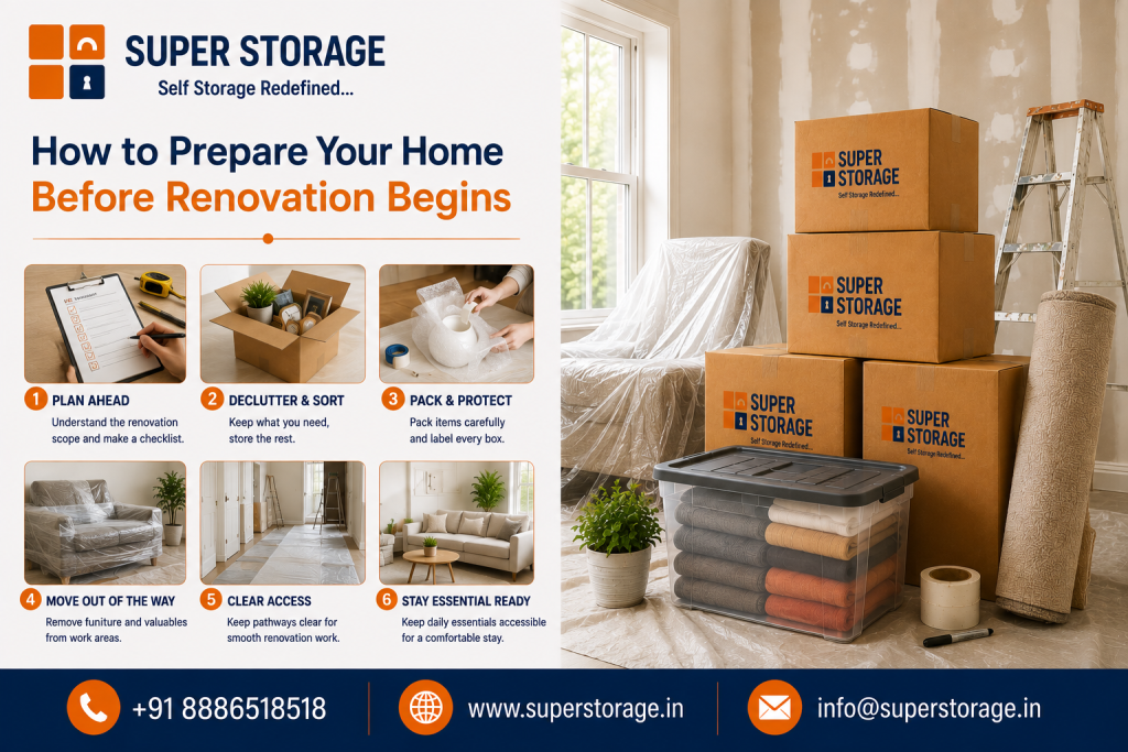 An infographic by Super Storage titled "How to Prepare Your Home Before Renovation Begins" featuring a 6-step checklist alongside an image of a room prepared for remodeling with stacked cardboard boxes, plastic-wrapped furniture, and a rolled rug.