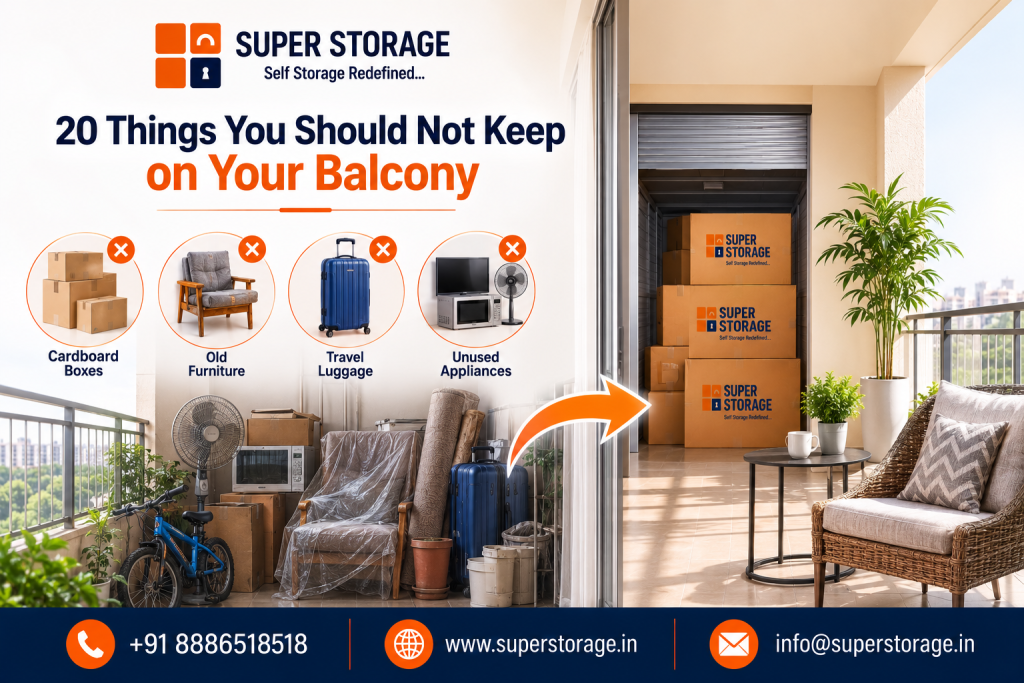 A promotional comparison banner for Super Storage highlighting balcony decluttering, showing a cluttered apartment balcony filled with cardboard boxes, old furniture, travel luggage, and unused appliances marked with red "X" icons on the left, transitioning via an orange arrow to a clean, serene balcony set up with a comfortable wicker armchair and side table next to an indoor storage room filled with stacked Super Storage boxes on the right, accompanied by the headline "20 Things You Should Not Keep on Your Balcony" and contact details at the bottom.