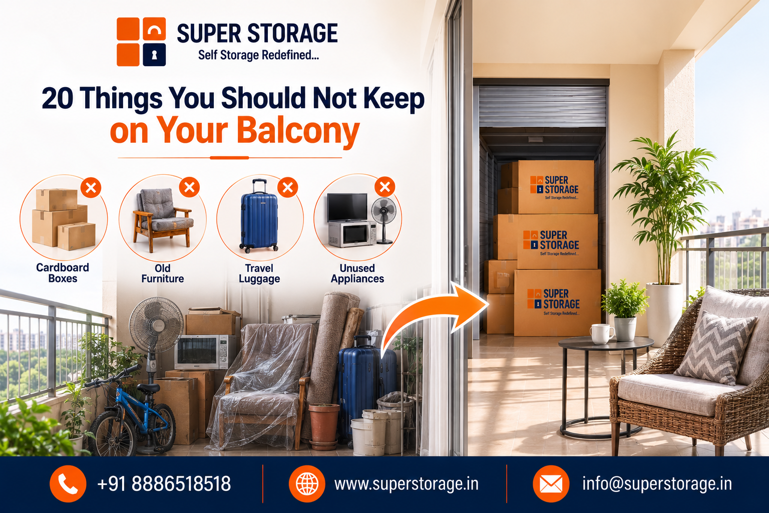 A promotional comparison banner for Super Storage highlighting balcony decluttering, showing a cluttered apartment balcony filled with cardboard boxes, old furniture, travel luggage, and unused appliances marked with red "X" icons on the left, transitioning via an orange arrow to a clean, serene balcony set up with a comfortable wicker armchair and side table next to an indoor storage room filled with stacked Super Storage boxes on the right, accompanied by the headline "20 Things You Should Not Keep on Your Balcony" and contact details at the bottom.
