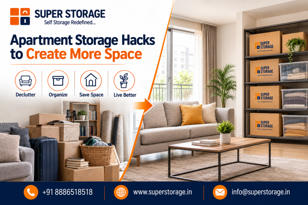 A promotional split banner for Super Storage showcasing apartment organization, depicting a cramped, cluttered living room on the left filled with cardboard boxes, rolled carpets, and luggage transitioning via an orange arrow to a spacious, bright living room on the right featuring a modern grey sofa, coffee table, and organized metal shelving stocked with Super Storage cardboard boxes and clear plastic bins, accompanied by the headline "Apartment Storage Hacks to Create More Space", service icons for "Declutter", "Organize", "Save Space", and "Live Better", with contact details at the bottom.
