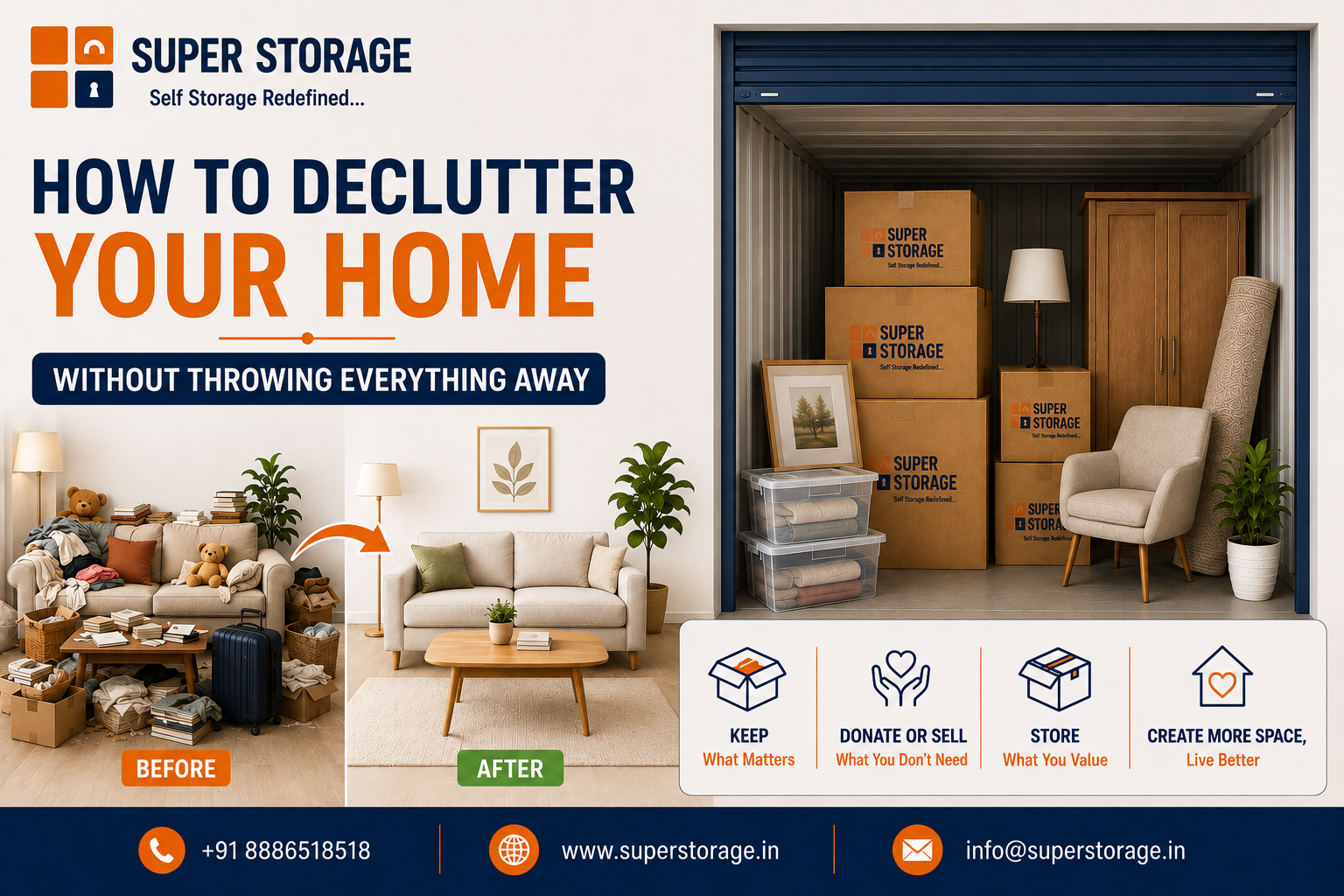A promotional comparison banner for Super Storage focusing on decluttering home spaces, depicting a "BEFORE" living room cluttered with scattered clothes, books, and boxes transitioning to a clean "AFTER" living room with a minimal sofa and coffee table, alongside an open storage unit containing stacked Super Storage boxes, a wardrobe, an armchair, and floor lamps, accompanied by the headline "How to Declutter Your Home Without Throwing Everything Away", service icons for "KEEP", "DONATE OR SELL", "STORE", and "CREATE MORE SPACE, Live Better", with contact details at the bottom.