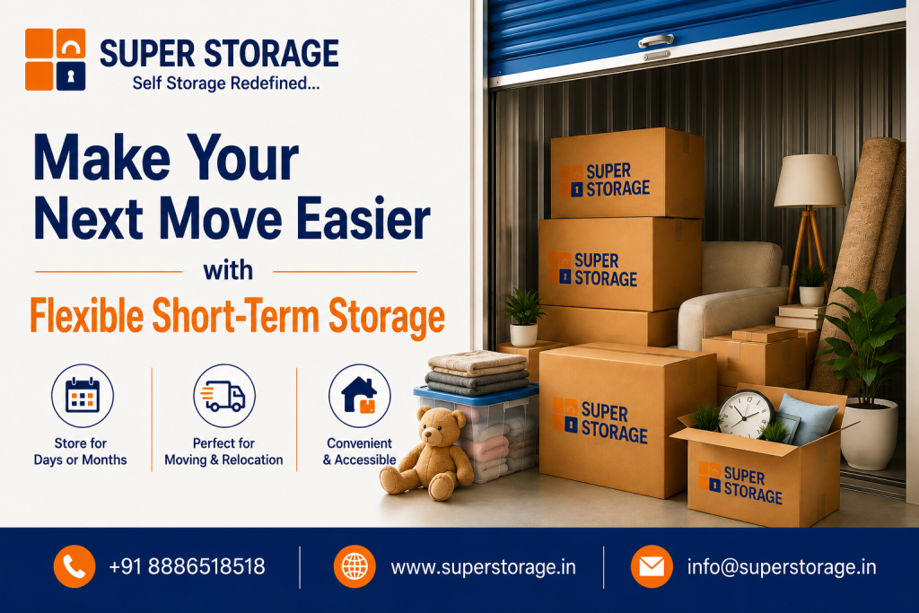 A promotional banner for Super Storage highlighting moving and relocation solutions, featuring an open self-storage unit with stacked Super Storage cardboard boxes, a plush teddy bear sitting next to a clear plastic container with folded blankets, an armchair, a floor lamp, a rolled rug, potted plants, and an open box with a wall clock and pillows, accompanied by the headline "Make Your Next Move Easier with Flexible Short-Term Storage", service icons for "Store for Days or Months", "Perfect for Moving & Relocation", and "Convenient & Accessible", with contact details at the bottom.