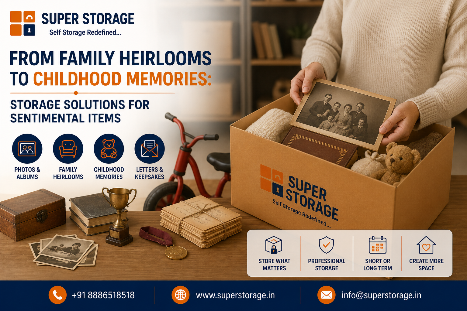 A promotional banner for Super Storage highlighting storage solutions for sentimental items, depicting a person's hands placing a vintage framed family photograph into a cardboard Super Storage box filled with a teddy bear and blankets, set on a wooden table alongside old letters, photo prints, a wooden memory box, a trophy, and a red tricycle, accompanied by the headline "From Family Heirlooms to Childhood Memories: Storage Solutions for Sentimental Items", service icons for "PHOTOS & ALBUMS", "FAMILY HEIRLOOMS", "CHILDHOOD MEMORIES", and "LETTERS & KEEPSAKES", with contact details at the bottom.