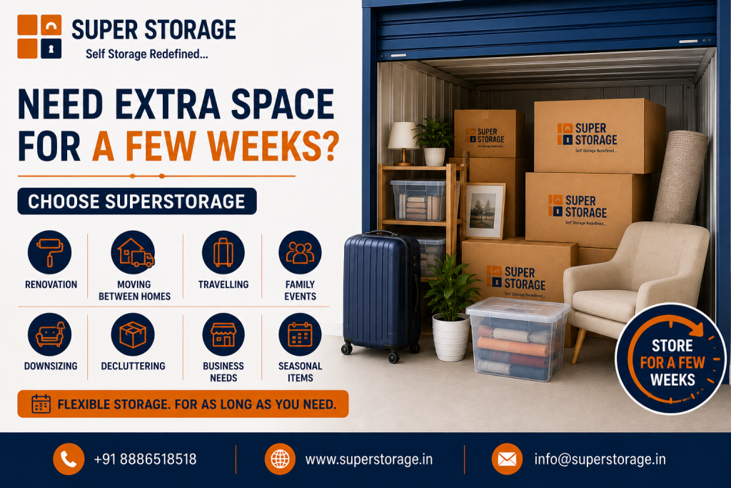 A promotional banner for Super Storage highlighting temporary short-term storage, featuring the headline "Need Extra Space for a Few Weeks? Choose SuperStorage" alongside eight use cases ("Renovation", "Moving Between Homes", "Travelling", "Family Events", "Downsizing", "Decluttering", "Business Needs", "Seasonal Items"). The image depicts an open self-storage unit filled with Super Storage cardboard boxes, a navy blue rolling suitcase, a comfortable armchair, a rolled rug, potted plants, and a clear storage bin, with contact details at the bottom.