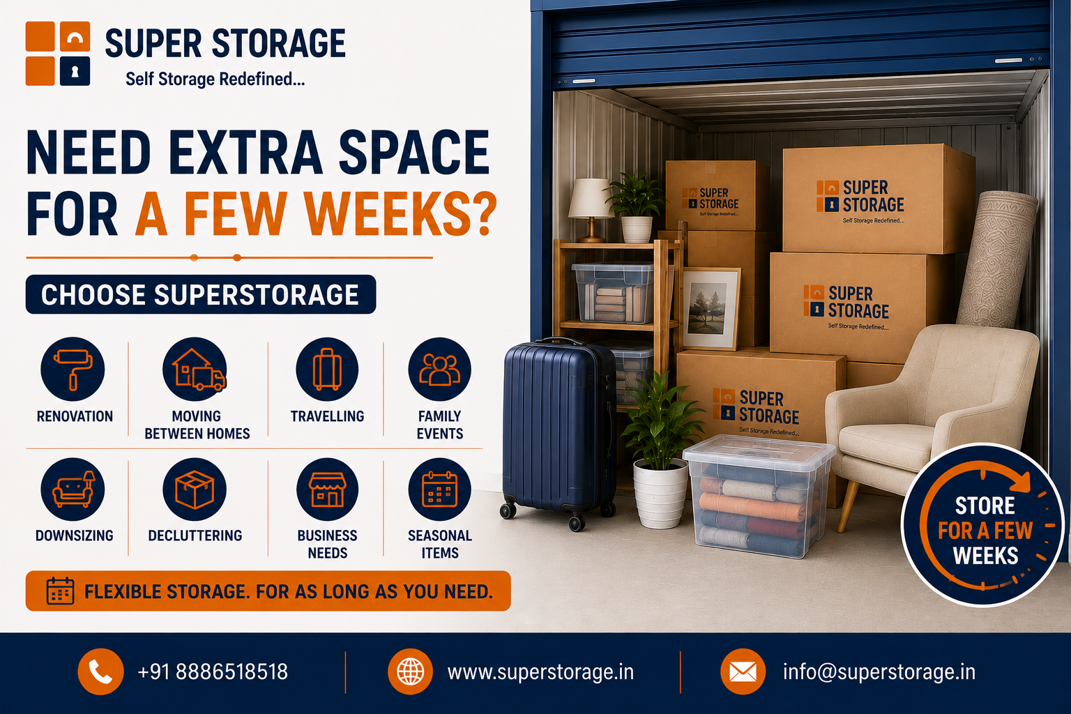 A promotional banner for Super Storage highlighting temporary short-term storage, featuring the headline "Need Extra Space for a Few Weeks? Choose SuperStorage" alongside eight use cases ("Renovation", "Moving Between Homes", "Travelling", "Family Events", "Downsizing", "Decluttering", "Business Needs", "Seasonal Items"). The image depicts an open self-storage unit filled with Super Storage cardboard boxes, a navy blue rolling suitcase, a comfortable armchair, a rolled rug, potted plants, and a clear storage bin, with contact details at the bottom.