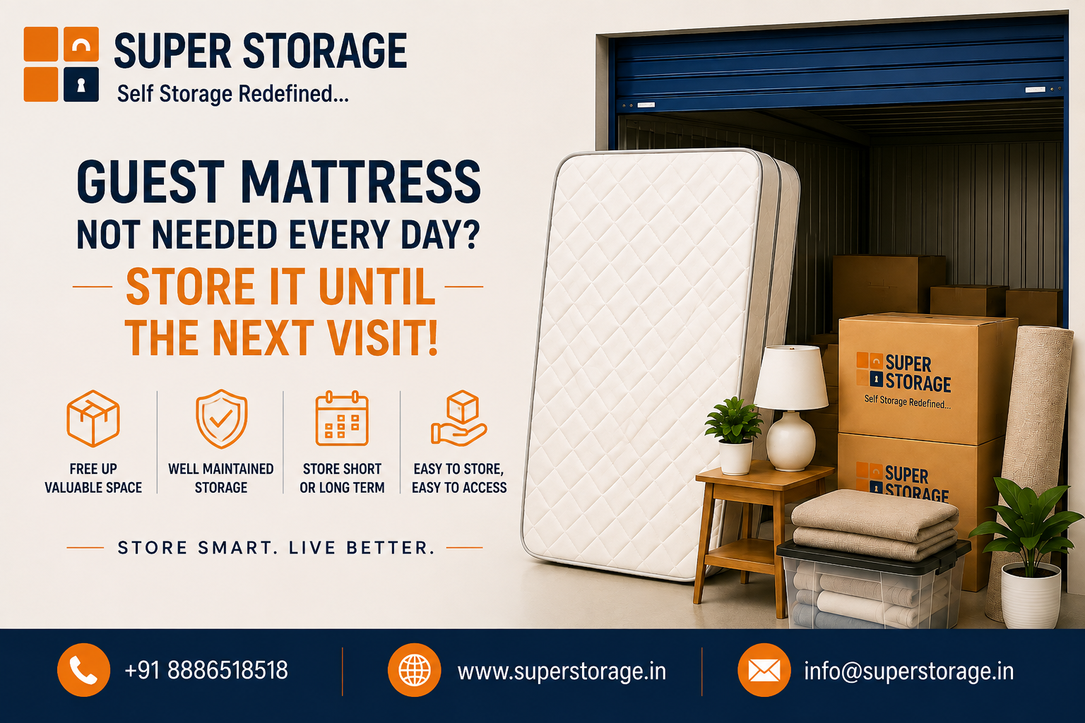 A promotional banner for Super Storage focusing on extra bedding storage, featuring a large white quilted guest mattress standing upright next to an open self-storage unit filled with stacked Super Storage cardboard boxes, a small wooden side table with a lamp, a plastic bin with folded blankets, a rolled carpet, and potted plants, accompanied by the headline "Guest Mattress Not Needed Every Day? Store It Until The Next Visit!", service icons for "FREE UP VALUABLE SPACE", "WELL MAINTAINED STORAGE", "STORE SHORT OR LONG TERM", and "EASY TO STORE, EASY TO ACCESS", with contact details at the bottom.