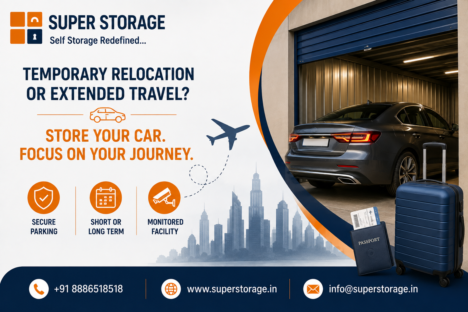 A promotional banner for Super Storage offering vehicle storage for long-term travelers, featuring a dark sedan parked inside a secure garage storage unit, set against a city skyline silhouette, a flying airplane graphic, a blue rolling suitcase, and a passport with a boarding pass, accompanied by the headline "Temporary Relocation or Extended Travel? Store Your Car. Focus On Your Journey.", service icons for "SECURE PARKING", "SHORT OR LONG TERM", and "MONITORED FACILITY", with contact details at the bottom.