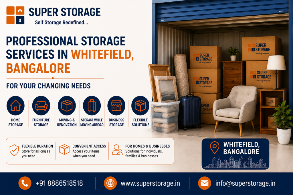 A promotional banner for Super Storage highlighting storage services in Whitefield, Bangalore, featuring an open self-storage unit filled with stacked Super Storage cardboard boxes, a wooden chest, a comfortable armchair, a floor lamp, framed wall art, a rolled rug, a blue suitcase, and a clear bin with linens, accompanied by the headline "Professional Storage Services in Whitefield, Bangalore For Your Changing Needs", service icons for "HOME STORAGE", "FURNITURE STORAGE", "MOVING & RENOVATION", "STORAGE WHILE MOVING ABROAD", "BUSINESS STORAGE", and "FLEXIBLE SOLUTIONS", with a location badge and contact details at the bottom.