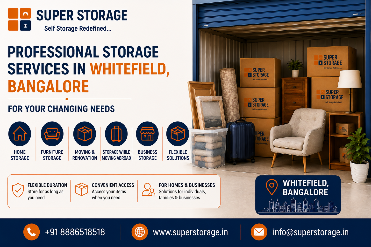 A promotional banner for Super Storage highlighting storage services in Whitefield, Bangalore, featuring an open self-storage unit filled with stacked Super Storage cardboard boxes, a wooden chest, a comfortable armchair, a floor lamp, framed wall art, a rolled rug, a blue suitcase, and a clear bin with linens, accompanied by the headline "Professional Storage Services in Whitefield, Bangalore For Your Changing Needs", service icons for "HOME STORAGE", "FURNITURE STORAGE", "MOVING & RENOVATION", "STORAGE WHILE MOVING ABROAD", "BUSINESS STORAGE", and "FLEXIBLE SOLUTIONS", with a location badge and contact details at the bottom.