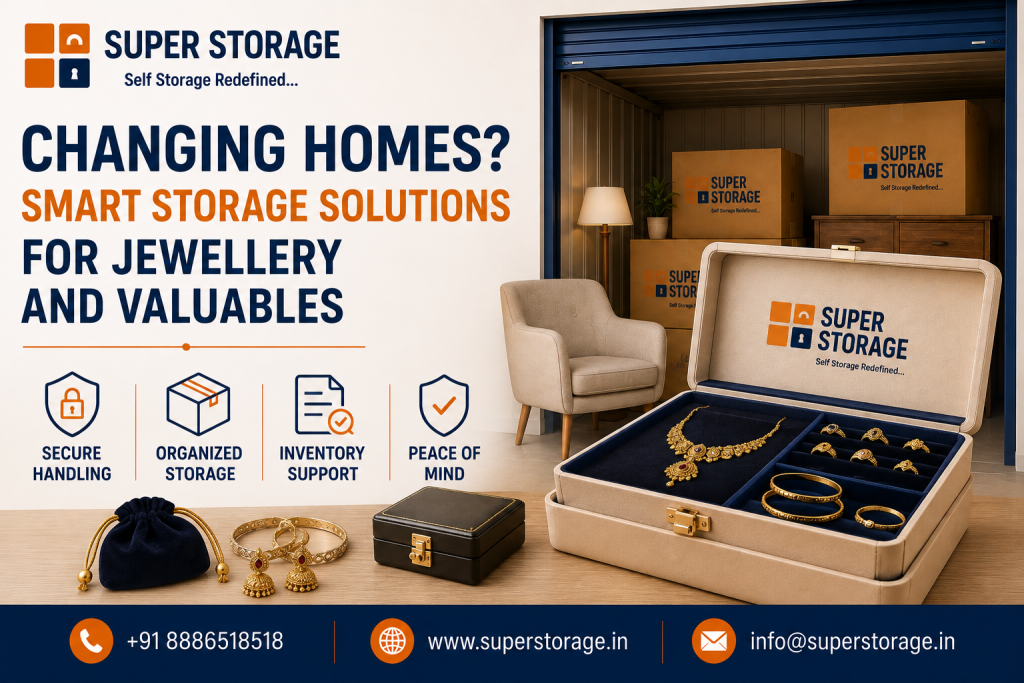 A promotional banner for Super Storage highlighting valuable item storage during home relocation, featuring an open jewelry case displaying gold necklaces, bangles, and rings, alongside velvet pouches and a compact lockbox, set against an open self-storage unit filled with stacked Super Storage boxes, an armchair, and a floor lamp, accompanied by the headline "Changing Homes? Smart Storage Solutions for Jewellery and Valuables", service icons for "Secure Handling", "Organized Storage", "Inventory Support", and "Peace of Mind", with contact details at the bottom.