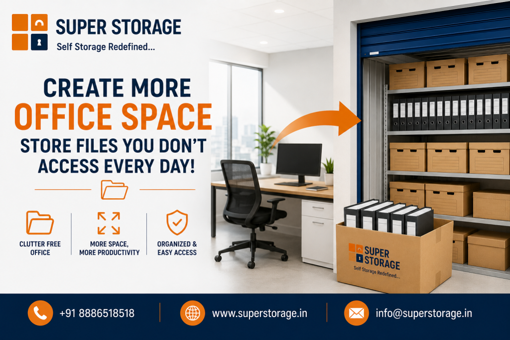 A promotional banner for Super Storage focusing on commercial file and document storage, depicting a modern office workspace with a computer desk and chair transitioning via an orange arrow to an open storage unit filled with metal shelving stacked with archive boxes and ring binders, alongside an open Super Storage cardboard box containing document folders in the foreground, accompanied by the headline "Create More Office Space: Store Files You Don’t Access Every Day!", service icons for "Clutter Free Office", "More Space, More Productivity", and "Organized & Easy Access", with contact details at the bottom.