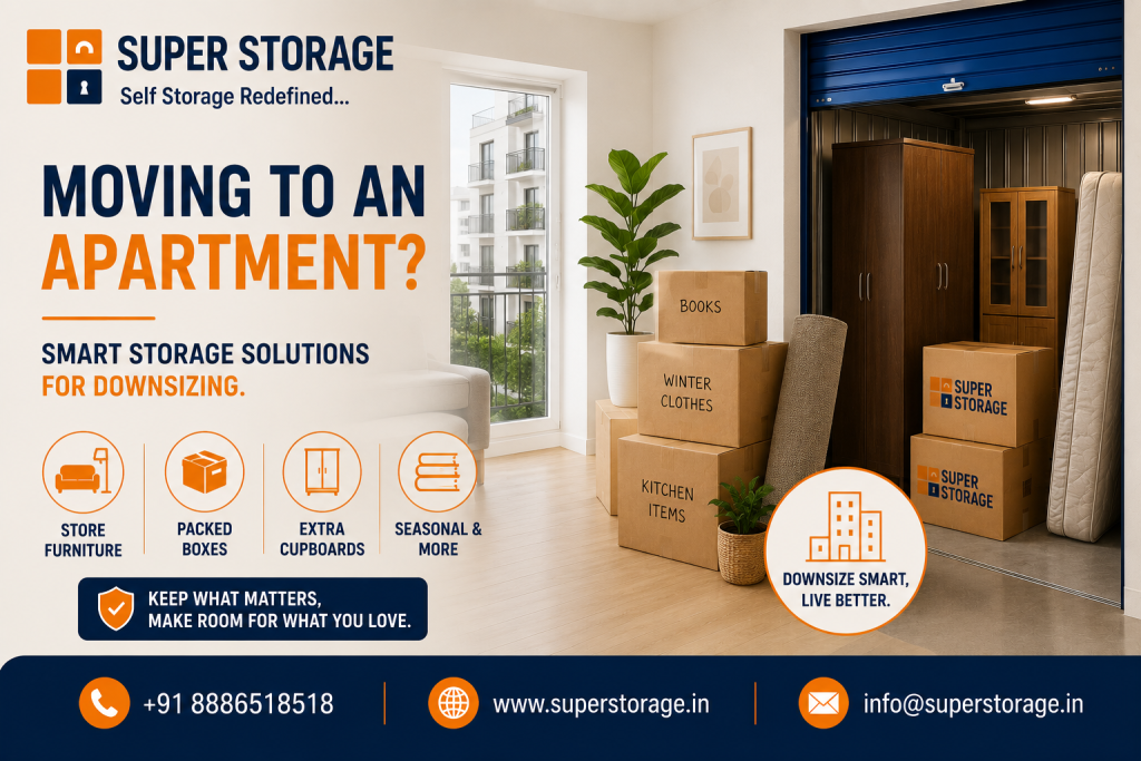 A promotional banner for Super Storage highlighting downsizing solutions when moving to an apartment, featuring an airy room with stacked cardboard boxes labeled "Books", "Winter Clothes", and "Kitchen Items" alongside a rolled rug and a houseplant, next to an open self-storage unit containing a wooden wardrobe, display cabinet, standing mattress, and Super Storage boxes, accompanied by the headline "Moving to an Apartment? Smart Storage Solutions for Downsizing", service icons for "Store Furniture", "Packed Boxes", "Extra Cupboards", and "Seasonal & More", and contact details at the bottom.
