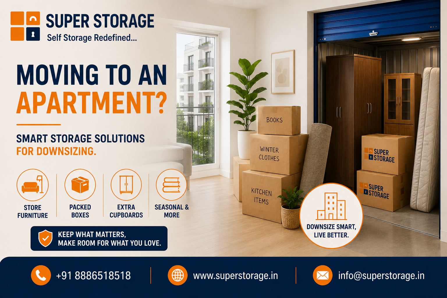 A promotional banner for Super Storage highlighting downsizing solutions when moving to an apartment, featuring an airy room with stacked cardboard boxes labeled "Books", "Winter Clothes", and "Kitchen Items" alongside a rolled rug and a houseplant, next to an open self-storage unit containing a wooden wardrobe, display cabinet, standing mattress, and Super Storage boxes, accompanied by the headline "Moving to an Apartment? Smart Storage Solutions for Downsizing", service icons for "Store Furniture", "Packed Boxes", "Extra Cupboards", and "Seasonal & More", and contact details at the bottom.