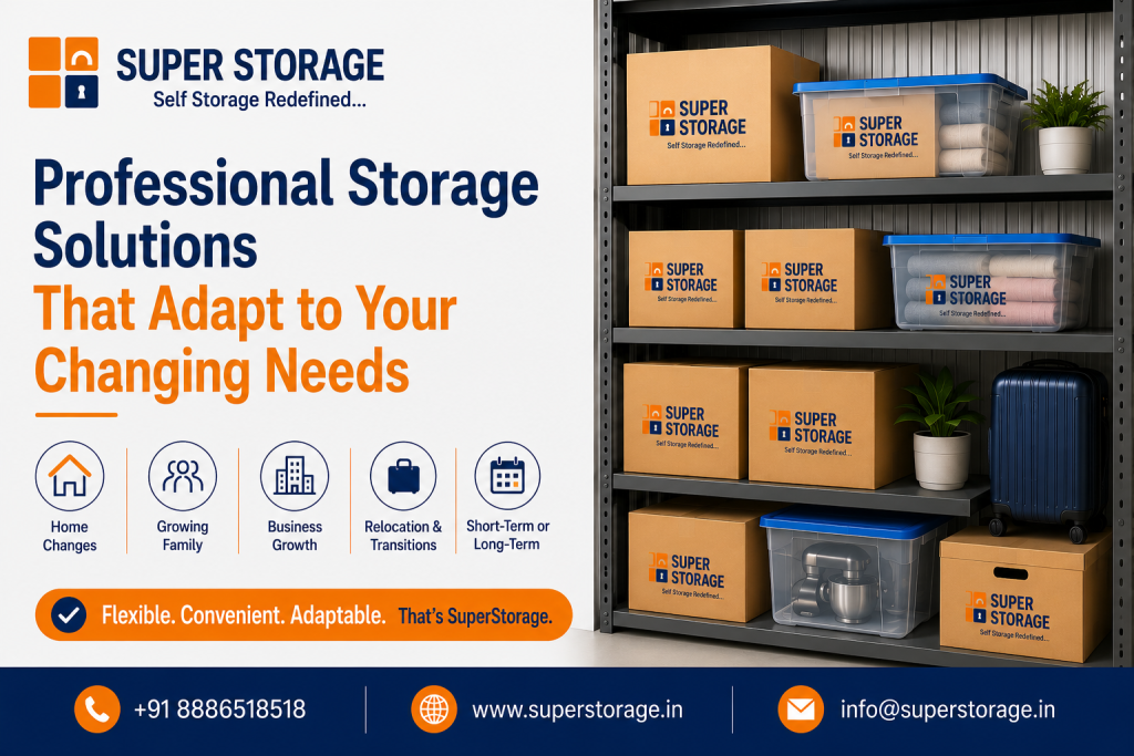 A promotional banner for Super Storage showcasing adaptable storage solutions, depicting metal shelving units neatly filled with Super Storage cardboard boxes, clear plastic bins containing towels and a stand mixer, potted plants, and a navy suitcase, accompanied by the headline "Professional Storage Solutions That Adapt to Your Changing Needs", icons for "Home Changes", "Growing Family", "Business Growth", "Relocation & Transitions", and "Short-Term or Long-Term", with contact details at the bottom.