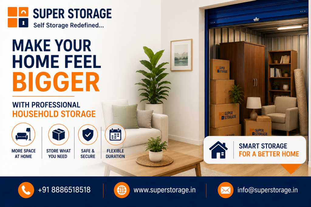 A promotional banner for Super Storage emphasizing household space optimization, showing a bright and spacious modern living room with a white sofa, coffee table, and indoor plants next to an open self-storage unit containing wooden wardrobes, a bookshelf, an armchair, a rolled rug, and stacked Super Storage cardboard boxes, accompanied by the headline "Make Your Home Feel Bigger With Professional Household Storage", service icons for "More Space At Home", "Store What You Need", "Safe & Secure", and "Flexible Duration", with a badge reading "Smart Storage For A Better Home" and contact details at the bottom.