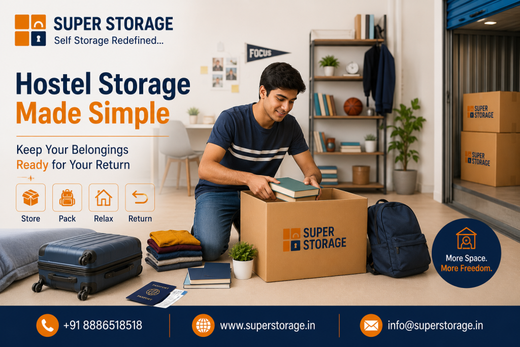 A promotional banner for Super Storage highlighting student and hostel storage solutions, featuring a young man kneeling in a dorm room packing books into a Super Storage cardboard box, surrounded by a navy blue suitcase, folded clothes, a backpack, notebooks, and a passport, with an open self-storage unit visible in the background, accompanied by the headline "Hostel Storage Made Simple: Keep Your Belongings Ready for Your Return", service icons for "Store", "Pack", "Relax", and "Return", a badge reading "More Space. More Freedom.", and contact details at the bottom.