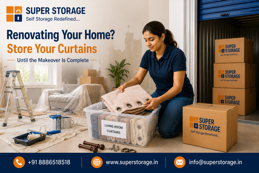 A promotional banner for Super Storage highlighting home renovation protection, showing a woman neatly folding and packing fabric drapes into a clear plastic tub labeled "LIVING ROOM CURTAINS" alongside curtain rods and rings, set in a room undergoing remodeling with paint rollers, paint cans, a ladder, and plastic drop cloths next to an open self-storage unit filled with stacked Super Storage boxes, accompanied by the headline "Renovating Your Home? Store Your Curtains Until the Makeover Is Complete" and contact details at the bottom.