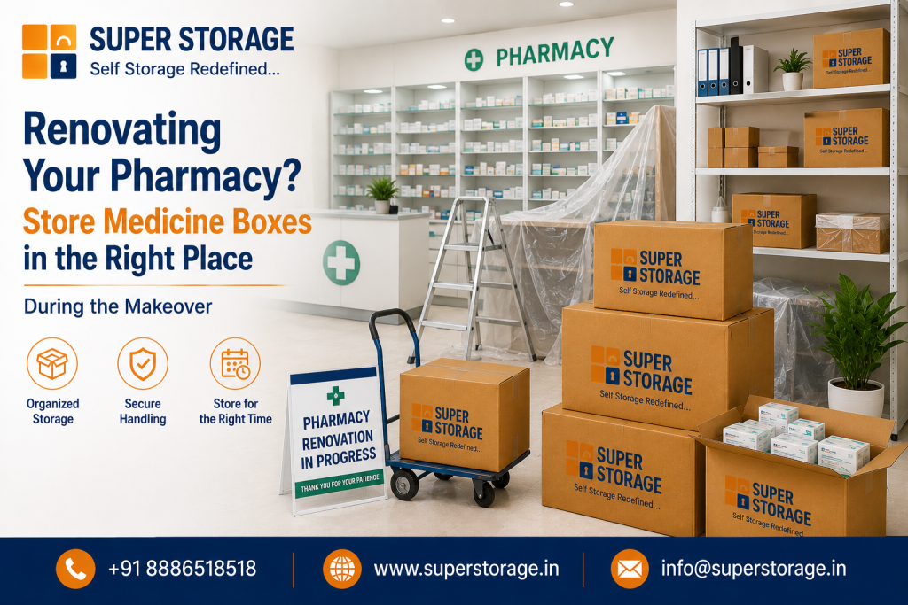 A promotional banner for Super Storage focusing on pharmacy renovation and medical inventory storage, showing a modern pharmacy interior undergoing remodeling with a stepladder, plastic sheeting over medicine counters, a sign reading "PHARMACY RENOVATION IN PROGRESS", and a hand truck carrying a Super Storage cardboard box, next to a stack of Super Storage boxes, an open carton filled with medicine packs, and warehouse metal shelving holding file binders and storage boxes, accompanied by the headline "Renovating Your Pharmacy? Store Medicine Boxes in the Right Place During the Makeover", service icons for "Organized Storage", "Secure Handling", and "Store for the Right Time", with contact details at the bottom.