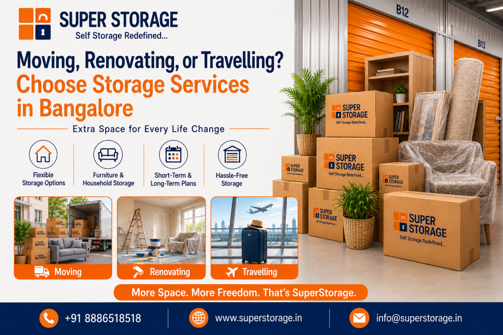 A promotional banner for Super Storage highlighting storage services in Bangalore, featuring three scenario thumbnails for "Moving", "Renovating", and "Travelling", alongside an indoor facility corridor with orange roll-up storage units (labeled B12 and B13), plastic-wrapped armchairs, rolled carpets, and stacked Super Storage cardboard boxes, accompanied by service icons and contact details at the bottom.