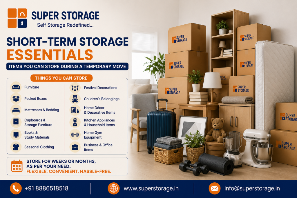 A promotional banner for Super Storage detailing short-term storage essentials for temporary moves, featuring a checklist of items you can store—including Furniture, Packed Boxes, Mattresses & Bedding, Cupboards & Storage Furniture, Books & Study Materials, Seasonal Clothing, Festival Decorations, Children's Belongings, Home Décor, Kitchen Appliances, Home Gym Equipment, and Business & Office Items. The visual displays stacked Super Storage cardboard boxes, a standing mattress, an armchair, rolling suitcase, tall wooden shelving, kitchen mixer, blender, dumbbells, and yoga mat, accompanied by the badge "Store for Weeks or Months, As Per Your Need. Flexible. Convenient. Hassle-Free." with contact details at the bottom.