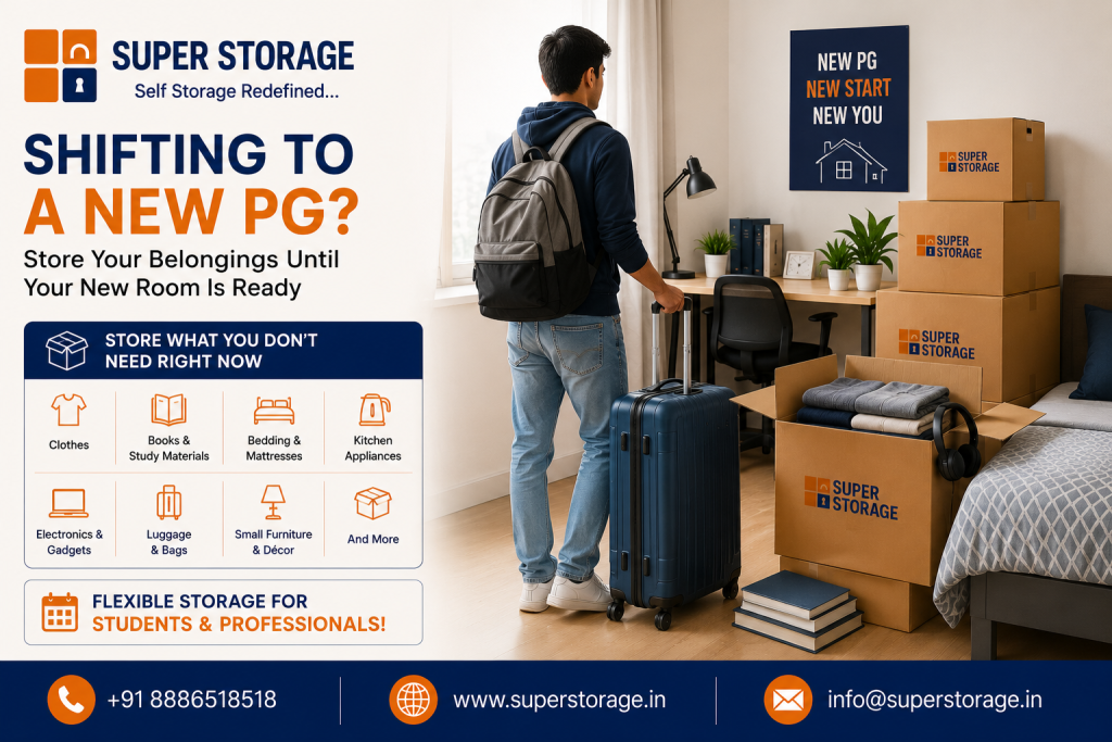 A promotional banner for Super Storage focusing on PG relocation, showing a young man with a backpack holding a rolling suitcase in a student bedroom next to stacked Super Storage boxes and an open carton with clothes and headphones, accompanied by the headline "Shifting To A New PG? Store Your Belongings Until Your New Room Is Ready", a poster reading "NEW PG NEW START NEW YOU", service icons for clothes, study materials, bedding, appliances, gadgets, luggage, furniture, and a badge for "Flexible Storage For Students & Professionals!" with contact details at the bottom.