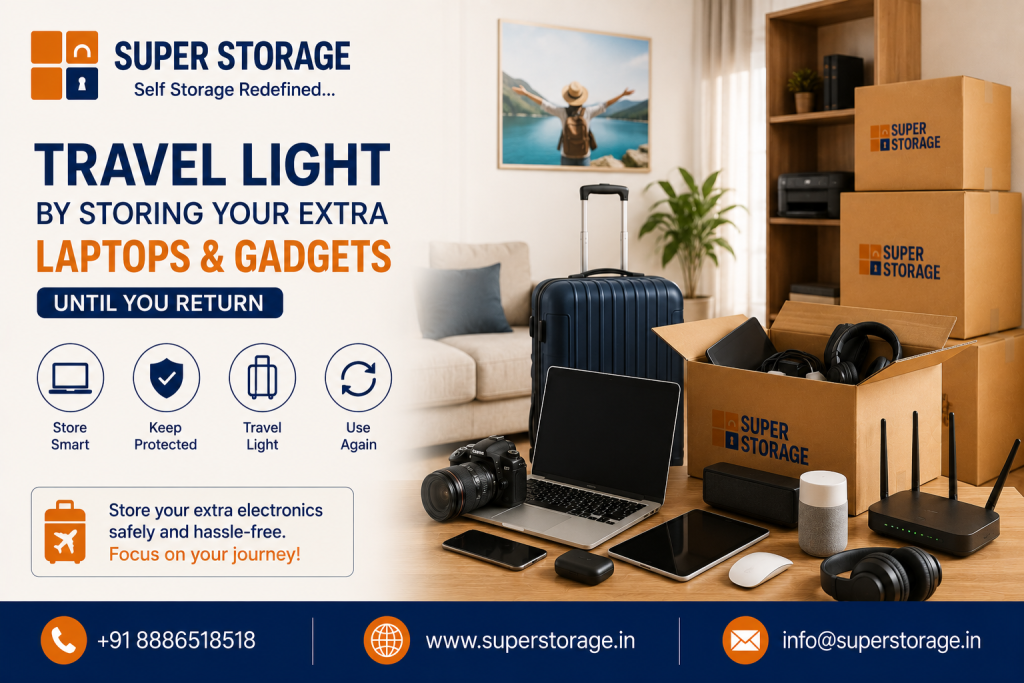 A promotional banner for Super Storage highlighting electronics and gadget storage for travelers, showcasing a variety of devices—including a laptop, DSLR camera, tablet, smartphone, wireless earbuds, smart speaker, computer mouse, headphones, and Wi-Fi router—arranged next to an open Super Storage box packed with electronics, a blue rolling suitcase, and stacked storage boxes in a modern room setting, accompanied by the headline "Travel Light By Storing Your Extra Laptops & Gadgets Until You Return", service icons for "Store Smart", "Keep Protected", "Travel Light", and "Use Again", with contact details at the bottom.