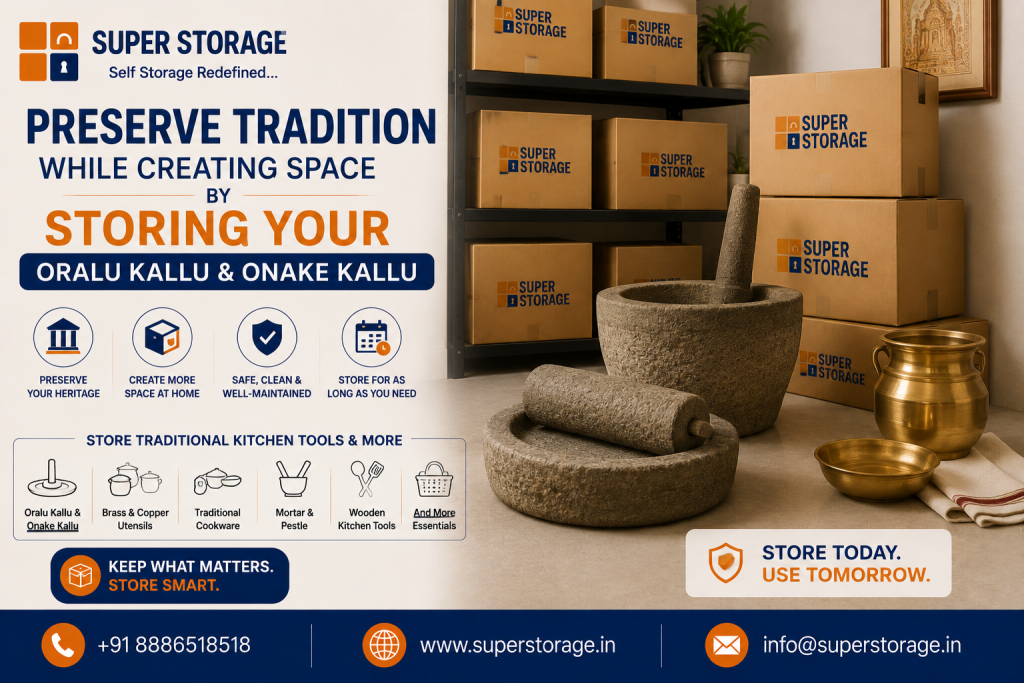 A promotional banner for Super Storage highlighting traditional kitchenware and heirloom storage, featuring authentic stone grinding tools—including an Oralu Kallu with pestle, an Ammi Kallu (grinding stone with roller), and traditional brass vessels—arranged next to stacked Super Storage cardboard boxes and storage shelving, accompanied by the headline "Preserve Tradition While Creating Space By Storing Your Oralu Kallu & Onake Kallu", feature icons for "Preserve Your Heritage", "Create More Space at Home", "Safe, Clean & Well-Maintained", and "Store for as Long as You Need", a checklist of traditional kitchen tools to store, a badge reading "Store Today. Use Tomorrow.", and contact details at the bottom.