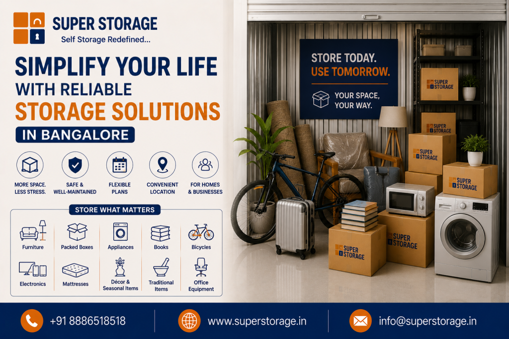 A promotional banner for Super Storage highlighting reliable self-storage solutions in Bangalore, featuring an open garage-style storage unit filled with household items—including a front-load washing machine, microwave oven, hybrid bicycle, silver rolling suitcase, stacked books, plastic-wrapped armchair, rolled carpets, and stacked Super Storage cardboard boxes on metal shelving—accompanied by the headline "Simplify Your Life With Reliable Storage Solutions In Bangalore", key benefit icons for "More Space. Less Stress.", "Safe & Well-Maintained", "Flexible Plans", "Convenient Location", and "For Homes & Businesses", a "Store What Matters" checklist (Furniture, Packed Boxes, Appliances, Books, Bicycles, Electronics, Mattresses, Décor & Seasonal Items, Traditional Items, Office Equipment), a wall poster reading "Store Today. Use Tomorrow. Your Space, Your Way.", and contact details at the bottom.