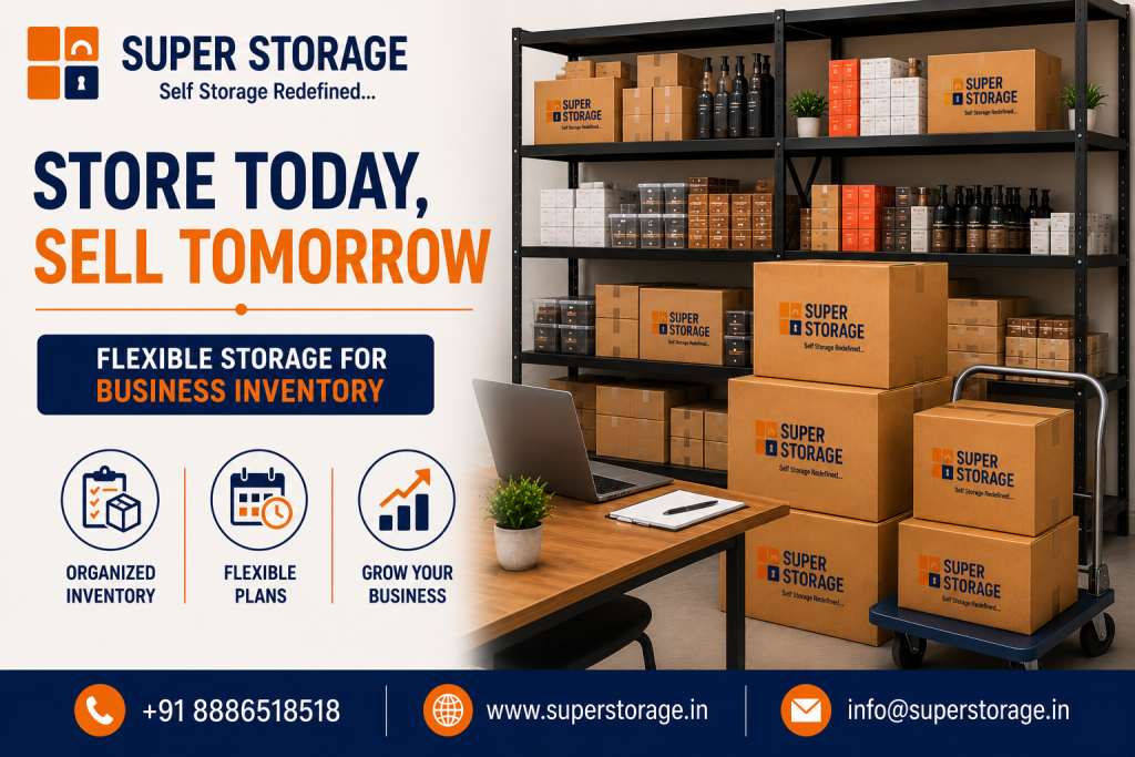 A promotional banner for Super Storage focusing on e-commerce and business inventory management, showing a organized warehouse setup with metal shelving units filled with packaged goods, bottles, and Super Storage cardboard boxes next to a work desk with a laptop and clipboard, alongside a hand trolley loaded with boxes, accompanied by the headline "Store Today, Sell Tomorrow: Flexible Storage for Business Inventory", service icons for "Organized Inventory", "Flexible Plans", and "Grow Your Business", with contact details at the bottom.