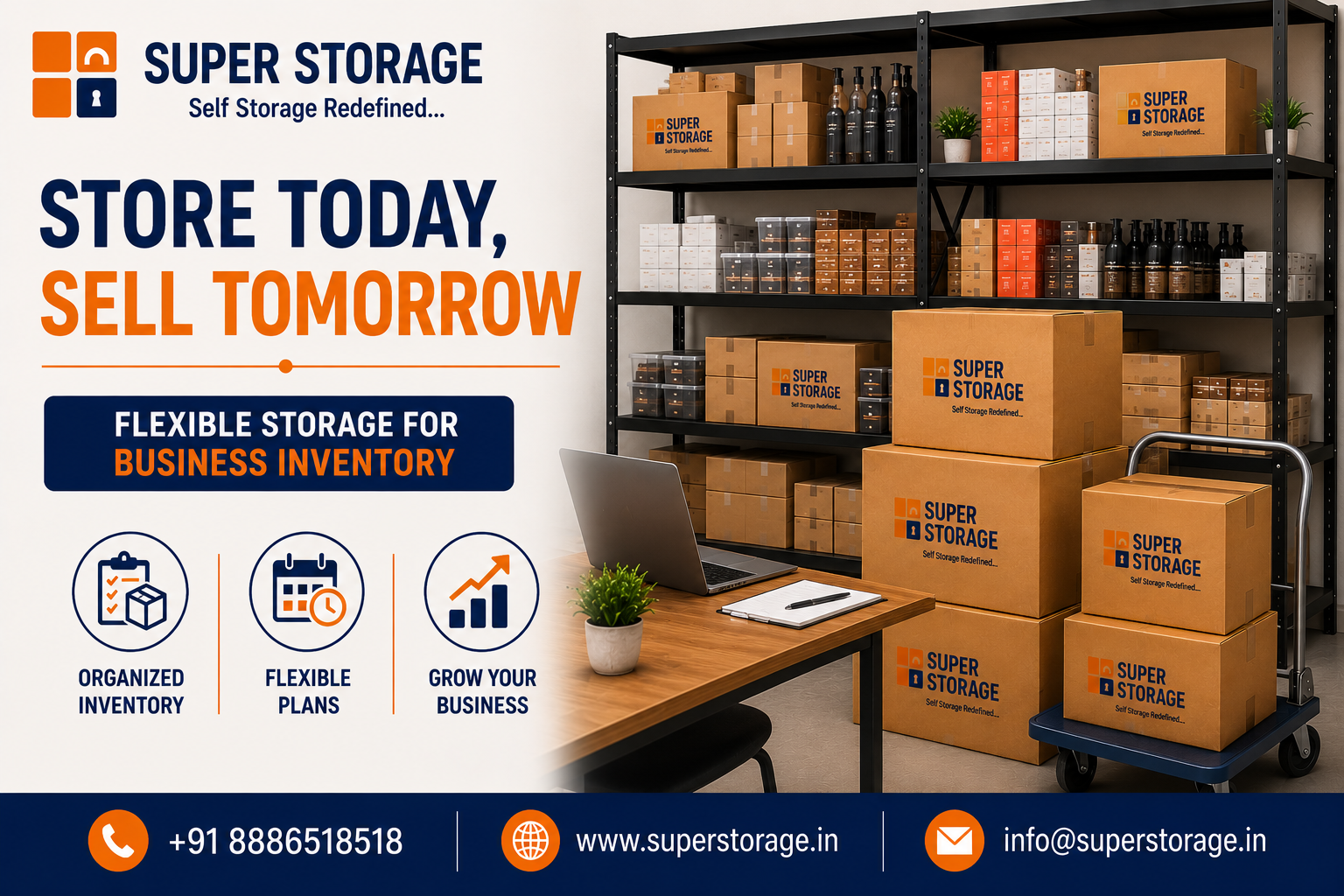 A promotional banner for Super Storage focusing on e-commerce and business inventory management, showing a organized warehouse setup with metal shelving units filled with packaged goods, bottles, and Super Storage cardboard boxes next to a work desk with a laptop and clipboard, alongside a hand trolley loaded with boxes, accompanied by the headline "Store Today, Sell Tomorrow: Flexible Storage for Business Inventory", service icons for "Organized Inventory", "Flexible Plans", and "Grow Your Business", with contact details at the bottom.