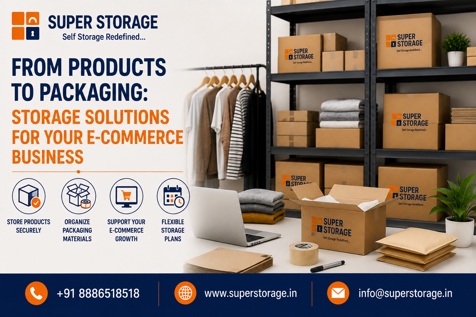 A promotional banner for Super Storage targeting online sellers, featuring an e-commerce order fulfillment workstation with a laptop, tape roll, mailing envelopes, and an open shipping box, alongside a clothing rack with apparel and metal shelving units stocked with Super Storage cardboard boxes, accompanied by the headline "From Products to Packaging: Storage Solutions for Your E-Commerce Business", service icons for "Store Products Securely", "Organize Packaging Materials", "Support Your E-Commerce Growth", and "Flexible Storage Plans", with contact details at the bottom.