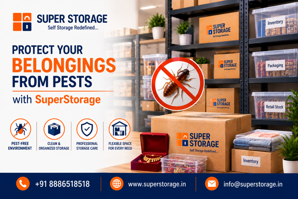 A promotional banner for Super Storage highlighting pest-free storage solutions, featuring a prominent red "no pests" prohibition icon over a cockroach, set against a clean, organized warehouse background with metal shelving units housing clear plastic bins labeled "Inventory", "Packaging", and "Retail Stock", along with Super Storage cardboard boxes, a jewelry box with a gold necklace, and contact details at the bottom.