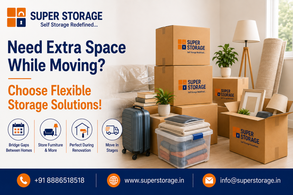 A promotional banner for Super Storage offering moving and storage solutions, featuring stacked Super Storage cardboard boxes, a navy blue rolling suitcase, a clear plastic container with folded blankets, a picture frame, lamps, and a sofa covered in plastic wrap in a modern living room, accompanied by the headline "Need Extra Space While Moving? Choose Flexible Storage Solutions!", service icons for "Bridge Gaps Between Homes", "Store Furniture & More", "Perfect During Renovation", and "Move In Stages", with contact details at the bottom.