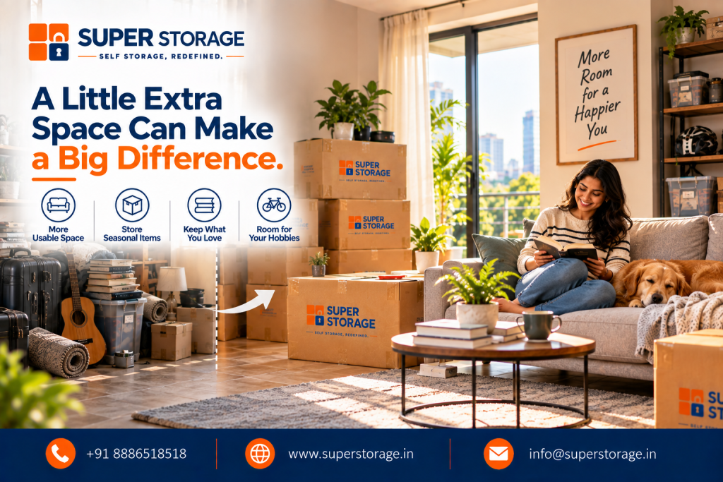 A promotional banner for Super Storage highlighting home decluttering and lifestyle storage solutions. The visual features a split before-and-after living room scene connected by a directional white arrow: on the cluttered left, stacked luggage, an acoustic guitar, rolled carpets, boxes, and plastic tubs take over the floor; on the bright, airy right, a woman relaxes on a comfortable sofa reading a book alongside her golden retriever. Neatly sealed Super Storage branded cardboard boxes sit nearby in the living area. The background shows tall windows looking out at a city skyline under a framed wall print reading "More Room for a Happier You". The design features the headline "A Little Extra Space Can Make a Big Difference.", benefit icons for "More Usable Space", "Store Seasonal Items", "Keep What You Love", and "Room for Your Hobbies", with Super Storage contact details across the bottom banner.