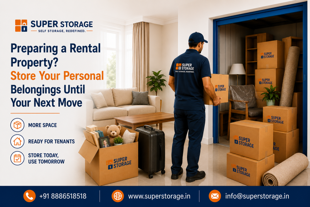 A promotional banner for Super Storage highlighting rental property preparation, showing a uniform-wearing moving professional carrying a Super Storage box into an on-site storage unit from a furnished living room, alongside an open box packed with books, framed photos, and a teddy bear, a black rolling suitcase, rolled rugs, and stacked Super Storage cartons, accompanied by the headline "Preparing a Rental Property? Store Your Personal Belongings Until Your Next Move", service benefit icons for "More Space", "Ready for Tenants", and "Store Today, Use Tomorrow", with contact details at the bottom.