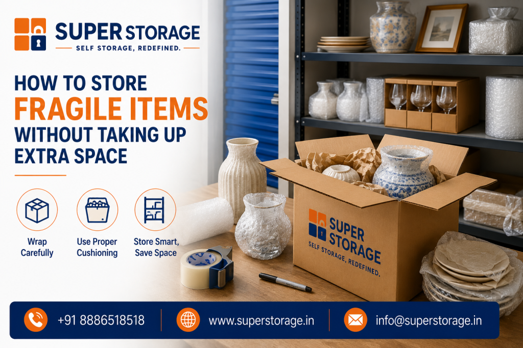 A promotional banner for Super Storage offering tips on packing and preserving delicate items, showcasing a wooden packing table with bubble-wrapped ceramic vases, stacked plates, packing tape, and a marker alongside an open Super Storage cardboard box cushioned with packing paper, with metal shelving in the background holding glassware, framed art, and wrapped porcelain behind a blue shutter door, accompanied by the headline "How To Store Fragile Items Without Taking Up Extra Space", benefit icons for "Wrap Carefully", "Use Proper Cushioning", and "Store Smart, Save Space", and Super Storage contact details at the bottom.