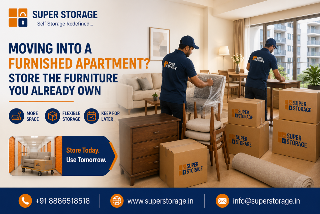 A promotional banner for Super Storage highlighting furniture storage solutions when moving into a furnished apartment, depicting two uniform-wearing professionals carefully shrink-wrapping an armchair and packing dining furniture alongside stacked Super Storage boxes, a wooden dresser, stacked chairs, and a rolled rug in a modern apartment setting, with an inset view of a clean self-storage hallway with orange roll-up doors, accompanied by the headline "Moving Into A Furnished Apartment? Store The Furniture You Already Own", benefit icons for "More Space", "Flexible Storage", and "Keep For Later", and contact details at the bottom.