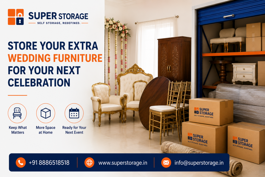 A promotional banner for Super Storage highlighting event and wedding furniture storage, showing ornate gold-and-white event chairs, an ornate throne sofa, a round wooden tabletop, Chiavari chairs, a classic wooden wardrobe, rolled carpets, and stacked Super Storage cardboard boxes positioned in front of an open self-storage garage unit fitted with heavy-duty blue and orange shelving storing wrapped sofas, end tables, and smaller chairs, accompanied by the headline "Store Your Extra Wedding Furniture For Your Next Celebration", feature icons for "Keep What Matters", "More Space at Home", and "Ready for Your Next Event", and Super Storage contact details at the bottom.
