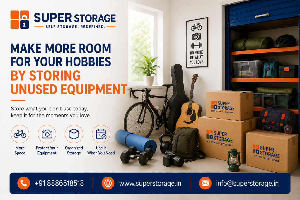 A promotional banner for Super Storage highlighting hobby gear and equipment storage, showcasing a room corner with a road bicycle, acoustic guitar with gig bag, yoga mat, kettlebell, dumbbells, DSLR camera, backpack, and vintage camping lantern alongside stacked Super Storage cardboard boxes, adjacent to an open self-storage garage unit fitted with metal shelving holding sleeping bags, cycling helmets, clear bins, and duffel bags, accompanied by the headline "Make More Room For Your Hobbies By Storing Unused Equipment: Store what you don’t use today, keep it for the moments you love.", benefit icons for "More Space", "Protect Your Equipment", "Organized Storage", and "Use It When You Need", and contact details at the bottom.
