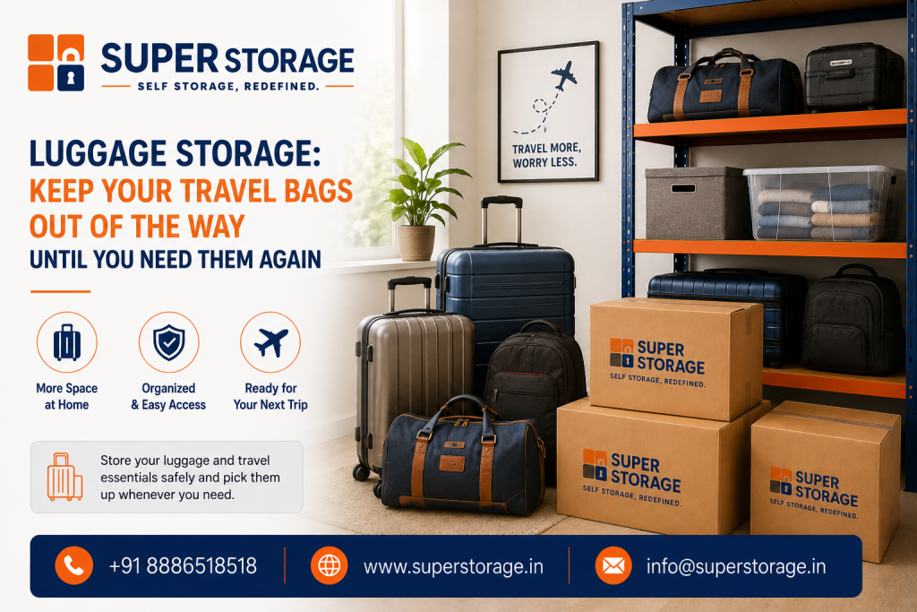 A promotional banner for Super Storage highlighting luggage and travel bag storage, featuring hard-shell suitcases in metallic grey and navy blue, leather-trimmed duffel bags, and travel backpacks placed alongside stacked Super Storage cardboard boxes, next to heavy-duty blue and orange metal storage racks holding extra luggage, clear organizers with folded clothes, and storage bins beneath a framed wall print reading "TRAVEL MORE, WORRY LESS.", accompanied by the headline "Luggage Storage: Keep Your Travel Bags Out Of The Way Until You Need Them Again", benefit icons for "More Space at Home", "Organized & Easy Access", and "Ready for Your Next Trip", an informational badge stating "Store your luggage and travel essentials safely and pick them up whenever you need.", and contact details at the bottom.