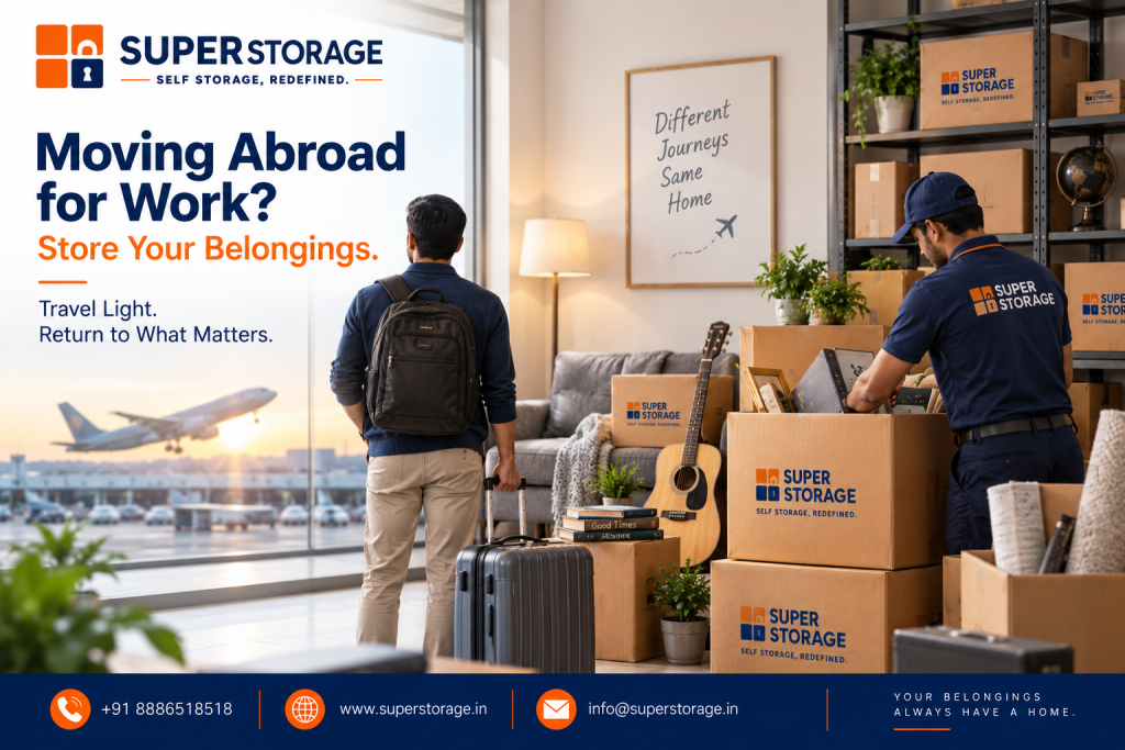A promotional banner for Super Storage highlighting long-term storage services for professionals relocating overseas, featuring a dual-scene composition: on the left, a man with a travel backpack and rolling suitcase stands by a large window overlooking an airplane taking off at sunrise; on the right, inside an apartment, a uniformed Super Storage mover packs framed pictures, books, and household goods into branded cardboard boxes next to an acoustic guitar, stacked cartons, and industrial metal storage shelving, accompanied by the headline "Moving Abroad for Work? Store Your Belongings. Travel Light. Return to What Matters.", an art frame reading "Different Journeys Same Home", the closing motto "Your Belongings Always Have A Home.", and Super Storage contact information across the bottom banner.